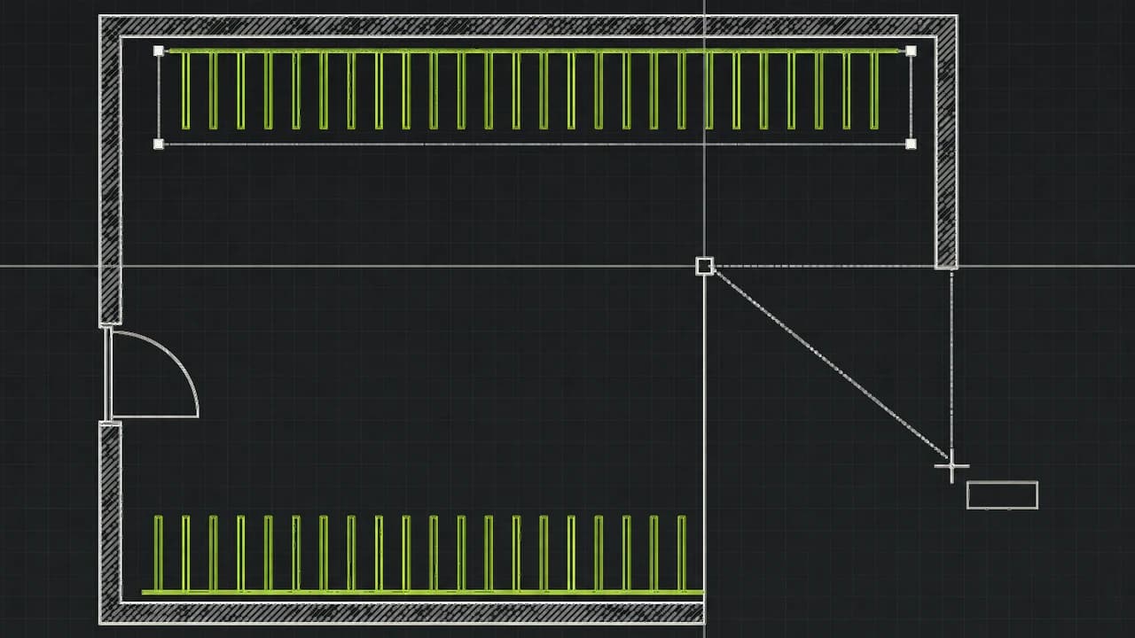 Plan 2D d'un local à vélos en cours d'édition dans le configurateur Steelbox : murs hachurés, porte, deux rangées de racks vélo plaqués contre les murs, un rack sélectionné et un mur en cours de tracé