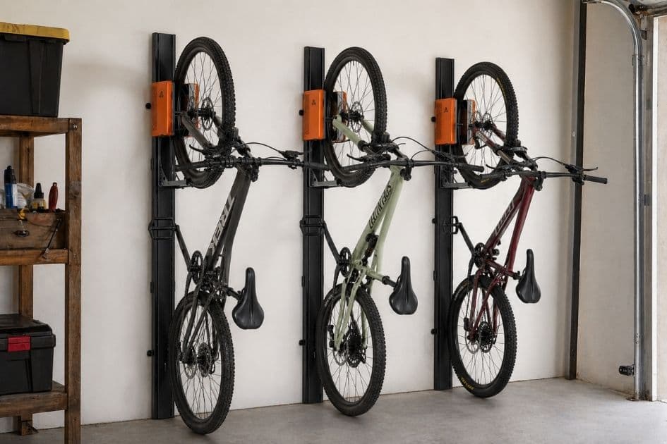Support vélo mural vertical V-Lift Steelbox accueillant trois vélos